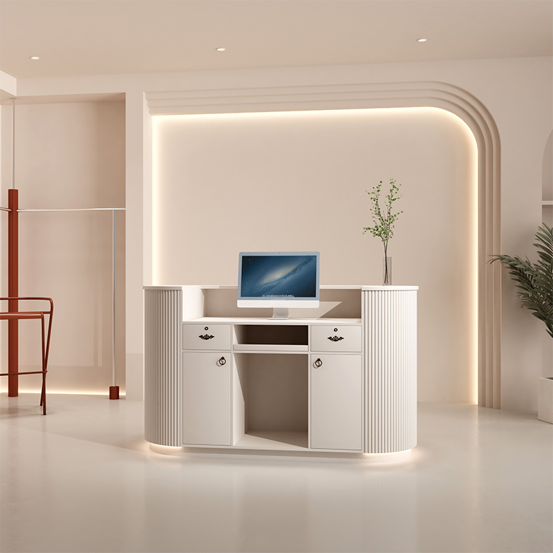 Elliptical Beige/Lime Green/Pink Manufactured Wood Top Reception Desk with Hutch, Cabinet and Keyboard Tray