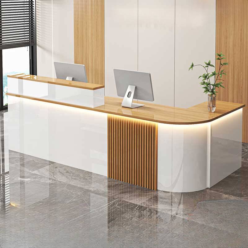 L-Shape Natural/Grey Reception Desk with 1 Drawer Pedestal, Desk Return, Locker, Hutch, Keyboard Tray and Cable Management