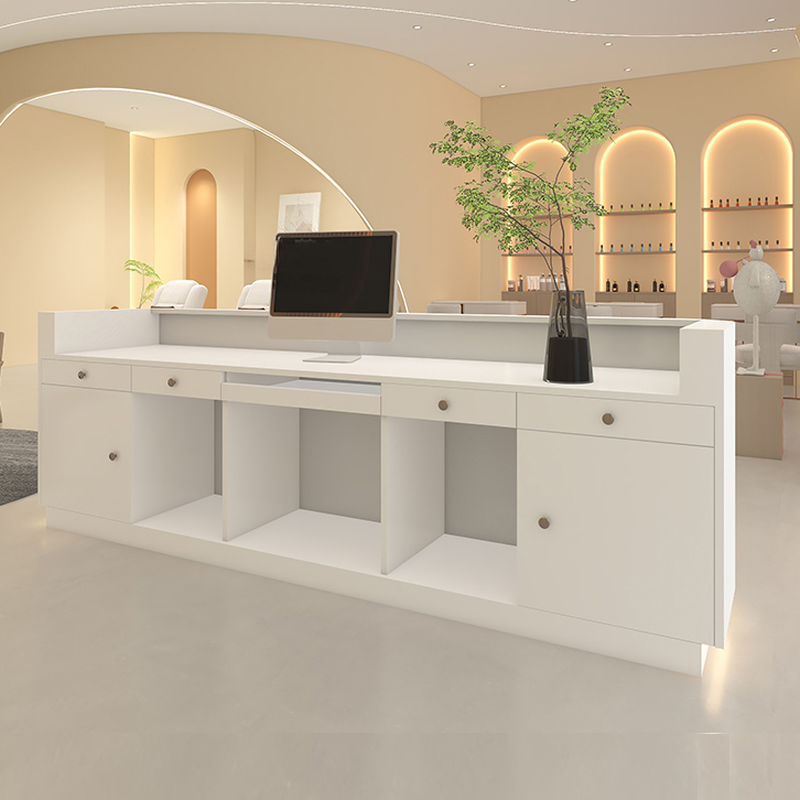 Rectangular Reception Desk with Closet, Locking Drawer, Hutch, and Keyboard Tray on Manufactured Wood Top
