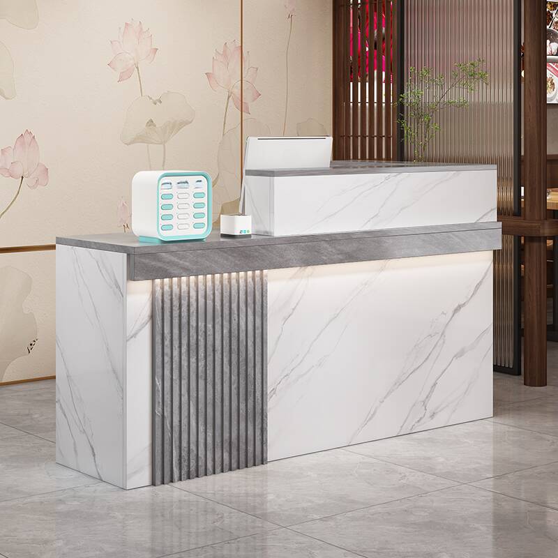 L-Shape Manufactured Wood Top Reception Desk with Keyboard Tray, Hutch, Cable Management and Desk Return