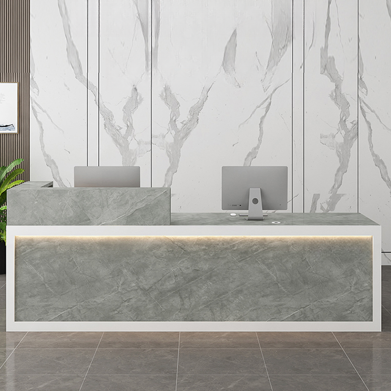 L-Shape Reception Desk with Hutch, Keyboard Tray, Cable Management, and Manufactured Wood Top
