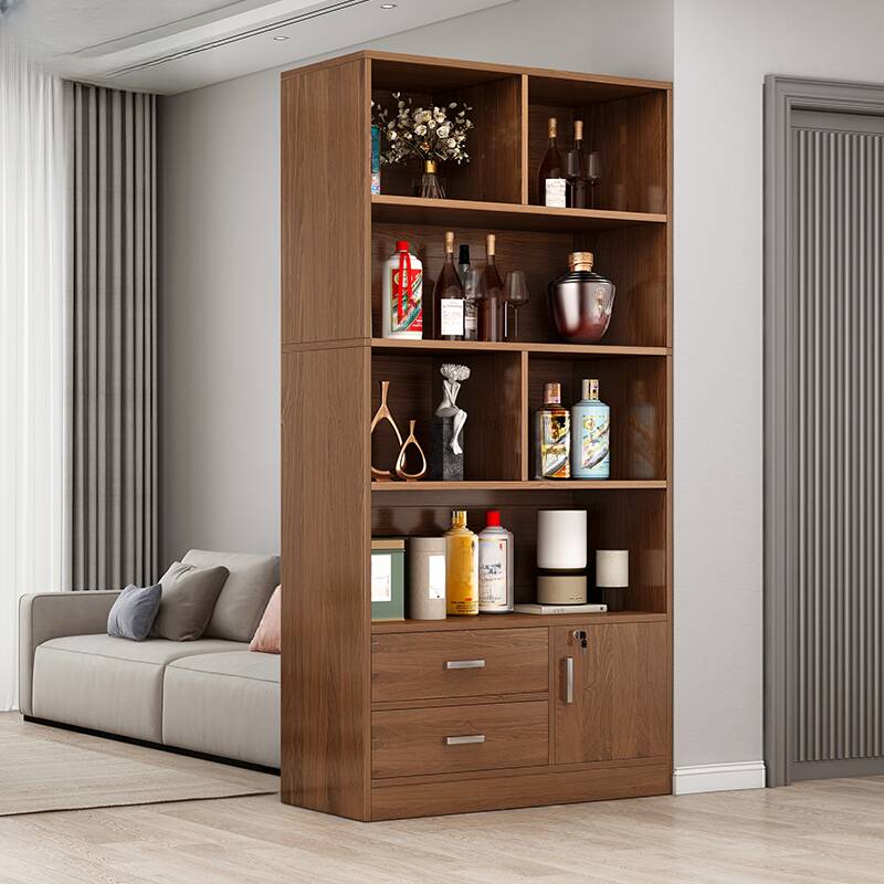 Sepia Flooring Display Stand with 5 Shelves, Secured Cabinet, and Drawers