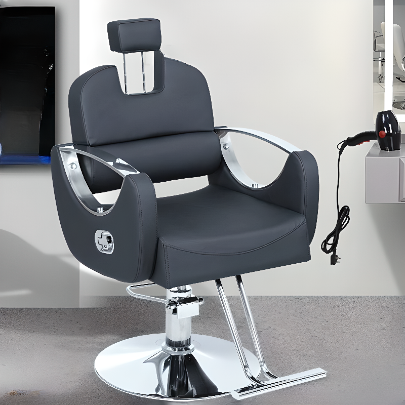 Lifting Swivel Flexible Manual Recline L-Shape Ink Solid Colour Stain Resistant Upholstered Leather Barber Chair