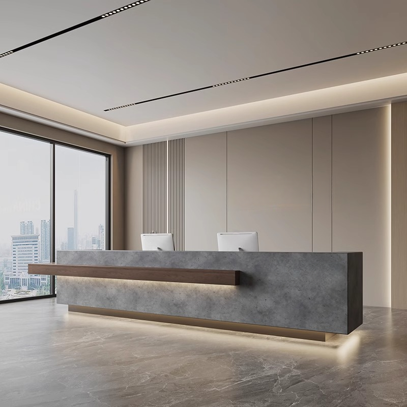 Rectangular Reception Desk with Cupboard, Keyboard Tray, and Sepia/Scarlet/Natural Manufactured Wood Top