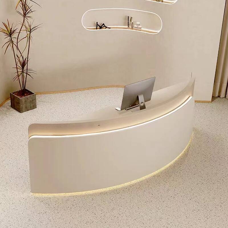 Manufactured Wood Top Reception Desk with Cupboard, Keyboard Tray, and Filing Cabinet