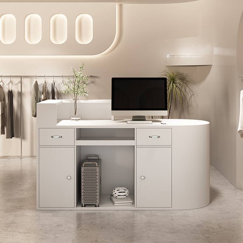 Oval Manufactured Wood Top Reception Desk with 2 Drawer Pedestals, Cabinet, Hutch, and Keyboard Tray