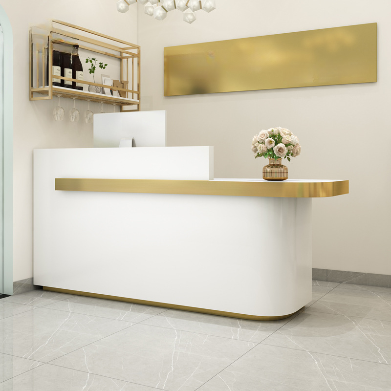 U-Shape Reception Desk with Cupboard, Keyboard Tray, Manufactured Wood Top, and Drawer Pedestal