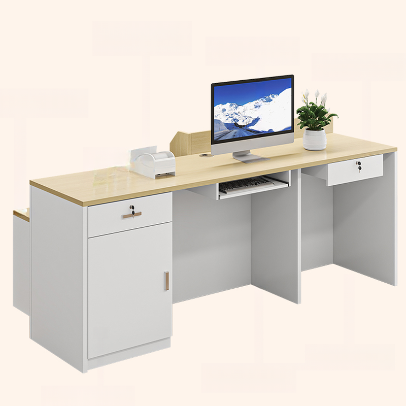 Ivory/Sepia/Cerulean Rectangular Manufactured Wood Top Reception Desk with Lockable Drawer, Keyboard Tray and Filing Cabinet, Cupboard