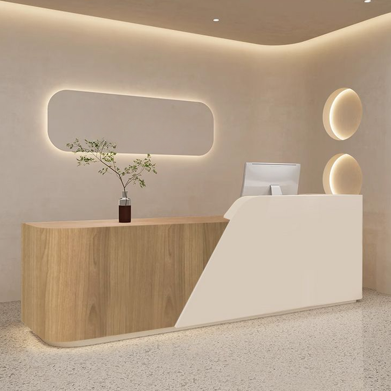 Rectangle Natural Colour/Auburn Manufactured Wood Top Reception Desk with Keyboard Tray, Closet and Drawer Pedestal