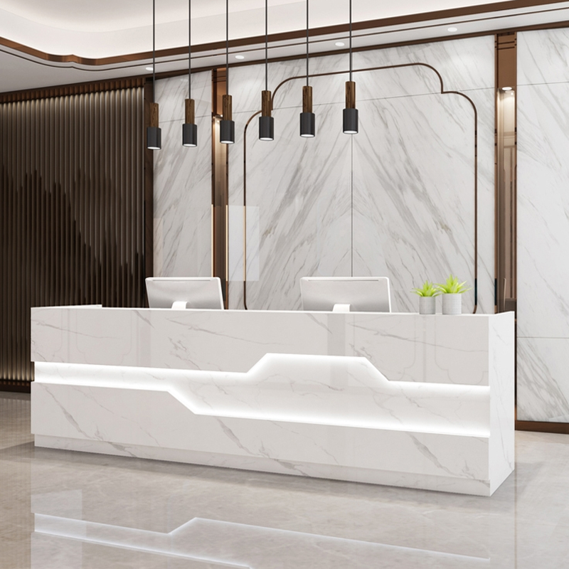 Rectangular Reception Desk with Hutch, Keyboard Tray, and Filing Cabinet in Manufactured Wood Top