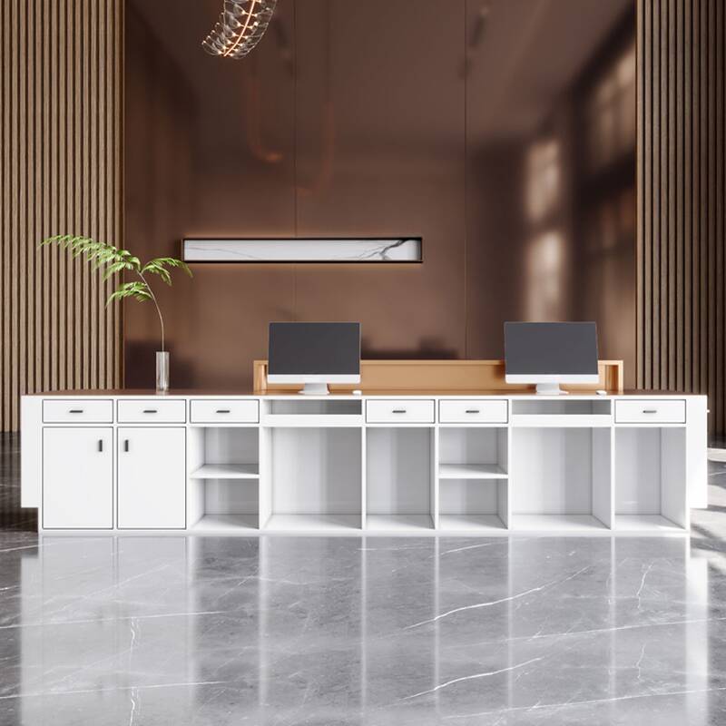 Rectangle Reception Desk with Closet, Hutch, Keyboard Tray, Aureate Top, Filing Cabinet, and Manufactured Wood Top