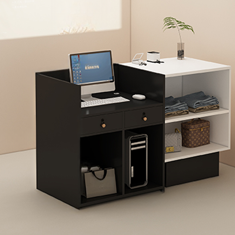 Modish Rectangular Reception Desk with Exterior Shelf and Solid Wood Top in Ink/Chalk