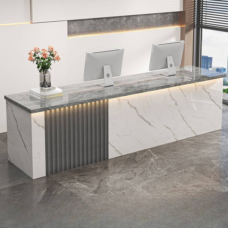 Rectangular Reception Desk with Hutch, Keyboard Tray, Wood Colour Stone Top, and Filing Cabinet