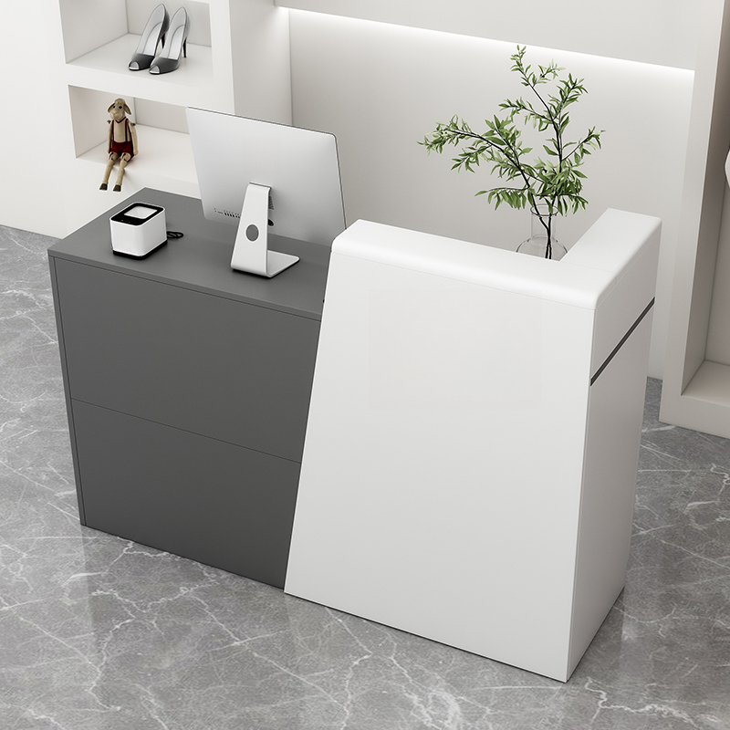 Rectangle Manufactured Wood Top Tan/Natural Colour Reception Desk with Cupboard, Hutch, Keyboard Tray & Cable Management