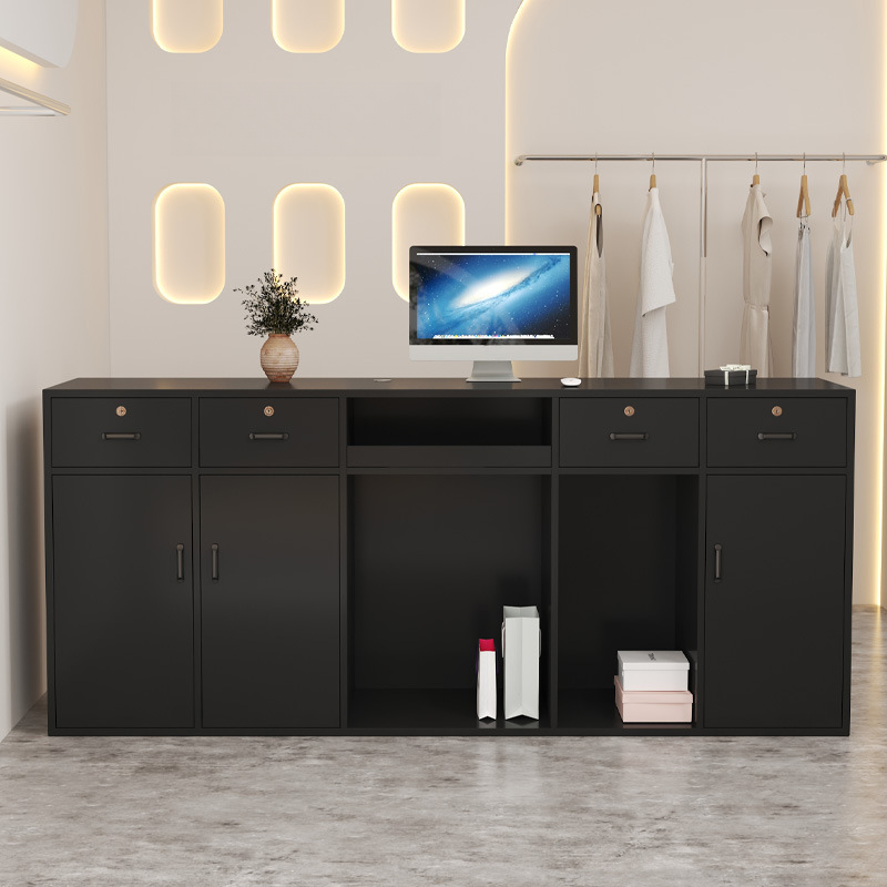 Rectangle Solid Wood Top Reception Desk with Cupboard, Keyboard Tray and Filing Cabinet