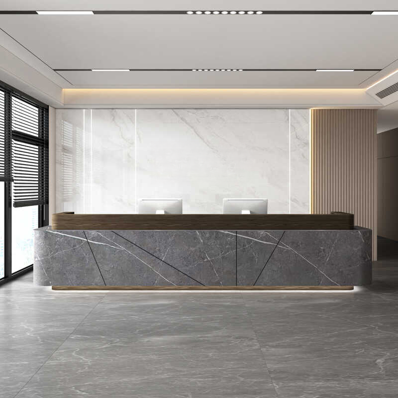 Rectangular Reception Desk with Closet, Hutch, Keyboard Tray, and Drawer Pedestal, Featuring Manufactured Wood Top