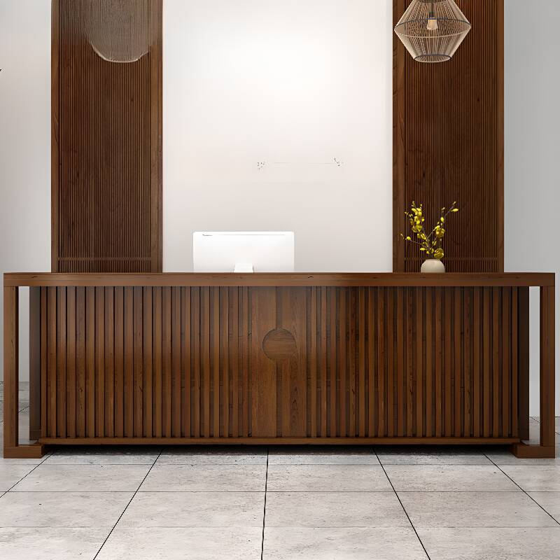 Rectangle Solid Wood Top Tan/Unfinished Colour/Brown Reception Desk with Cupboard, Keyboard Tray & Filing Cabinet