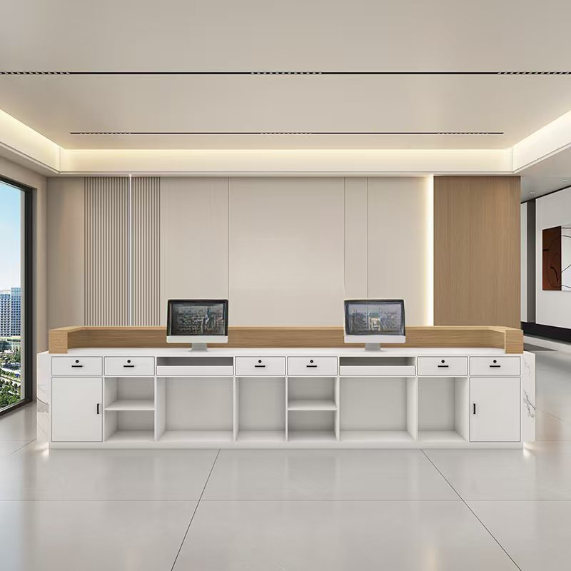 Unfinished Colour/Tan/Black Rectangular Solid Wood Top Reception Desk with Keyboard Tray, Locker and Filing Cabinet