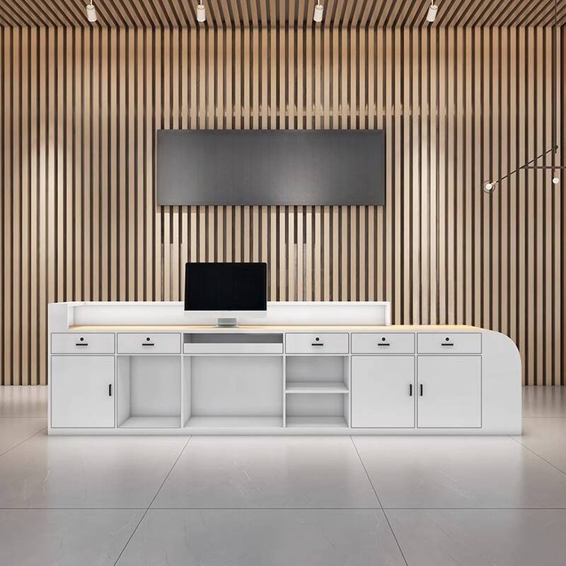 Manufactured Wood Top Rectangle Natural Finish Reception Desk with Closet, Hutch, Filing Cabinet & Keyboard Tray