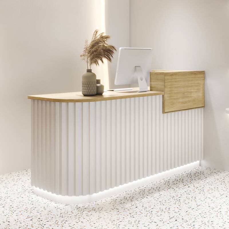 Corner Reception Desk with Closet, Hutch, Keyboard Tray, Natural Colour Top, Drawer Pedestal, and Manufactured Wood Top