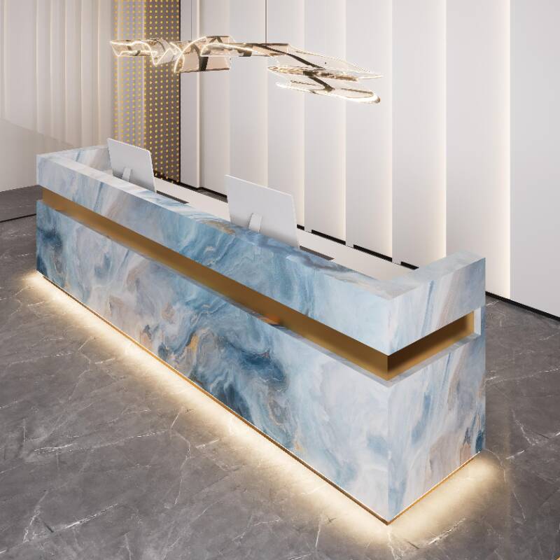 Rectangular Reception Desk with Hutch, Keyboard Tray, Navy Stone Top, Filing Cabinet