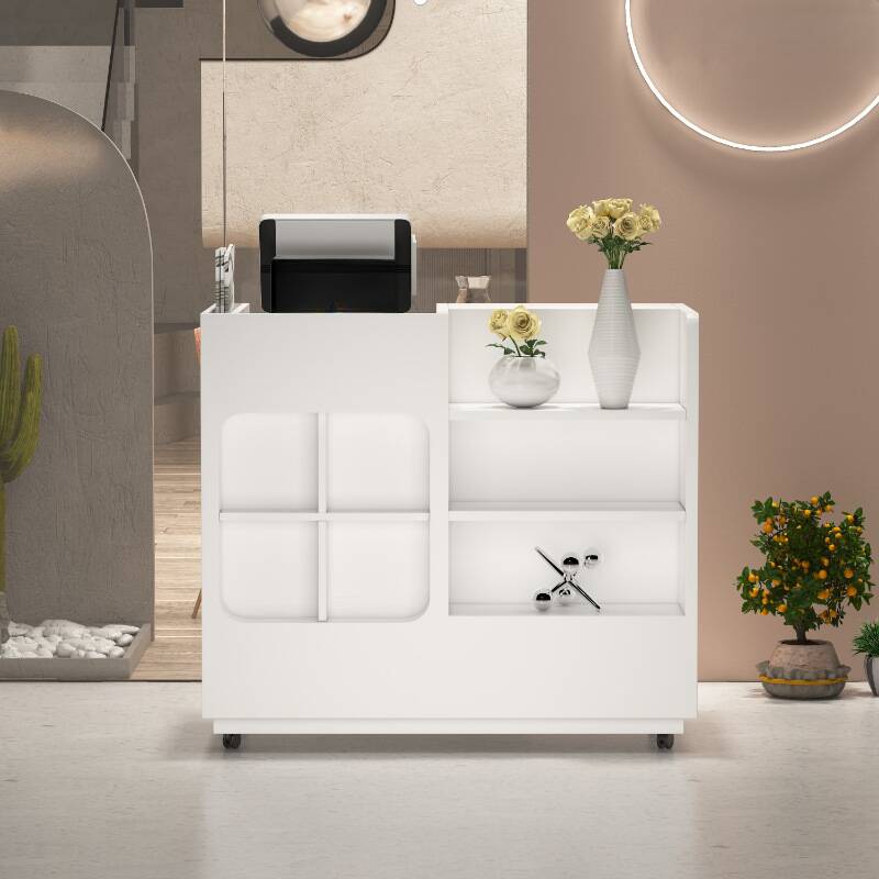 Rectangular Reception Desk on Casters with Closet, 2 Drawer Pedestals, and Manufactured Wood Top