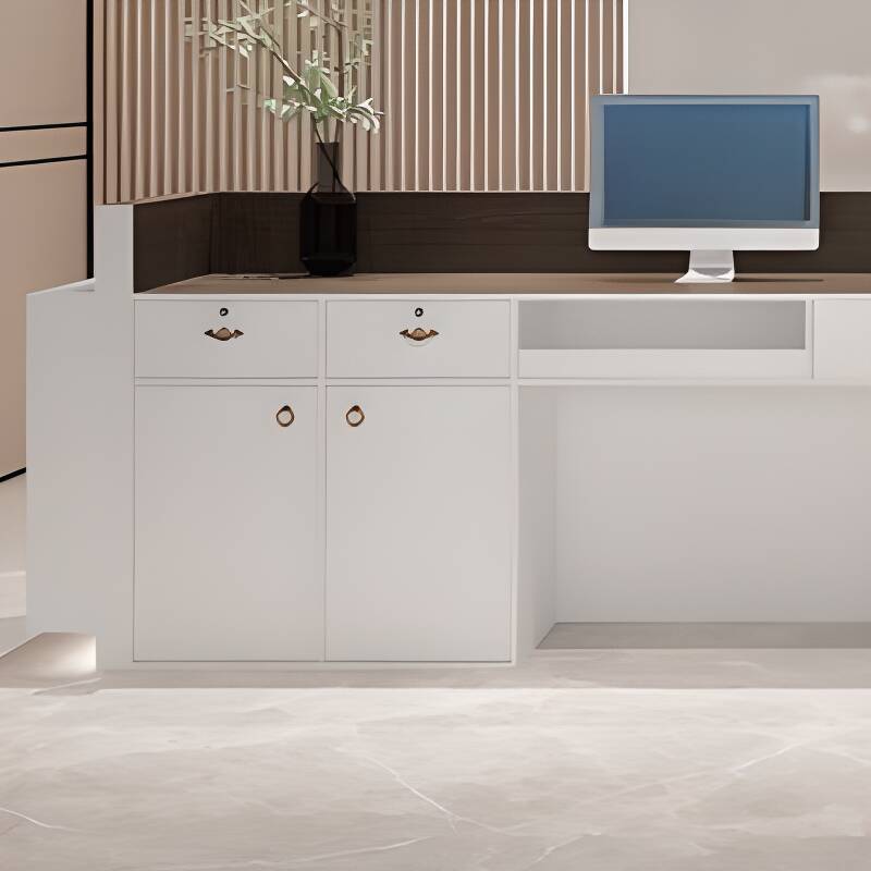 Light Brown Natural Manufactured Wood Top Rectangle Reception Desk with Cabinet, Keyboard Tray, and Drawer Pedestal
