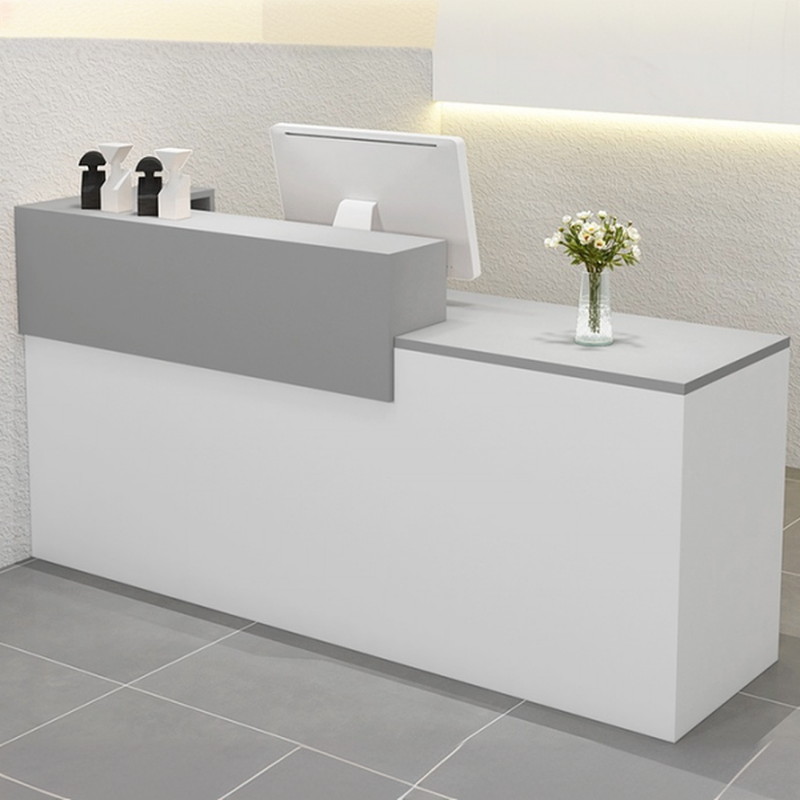 L-Shape Reception Desk with 1 Cabinet, Hutch, Keyboard Tray, Desk Return, Filing Cabinet, and Manufactured Wood Top