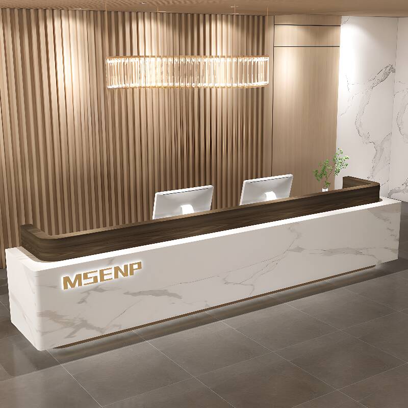 Rectangular Manufactured Wood Top Reception Desk with Keyboard Tray, Wood Grain/Cocoa/Grey Countertop and Filing Cabinet, Cabinet Included