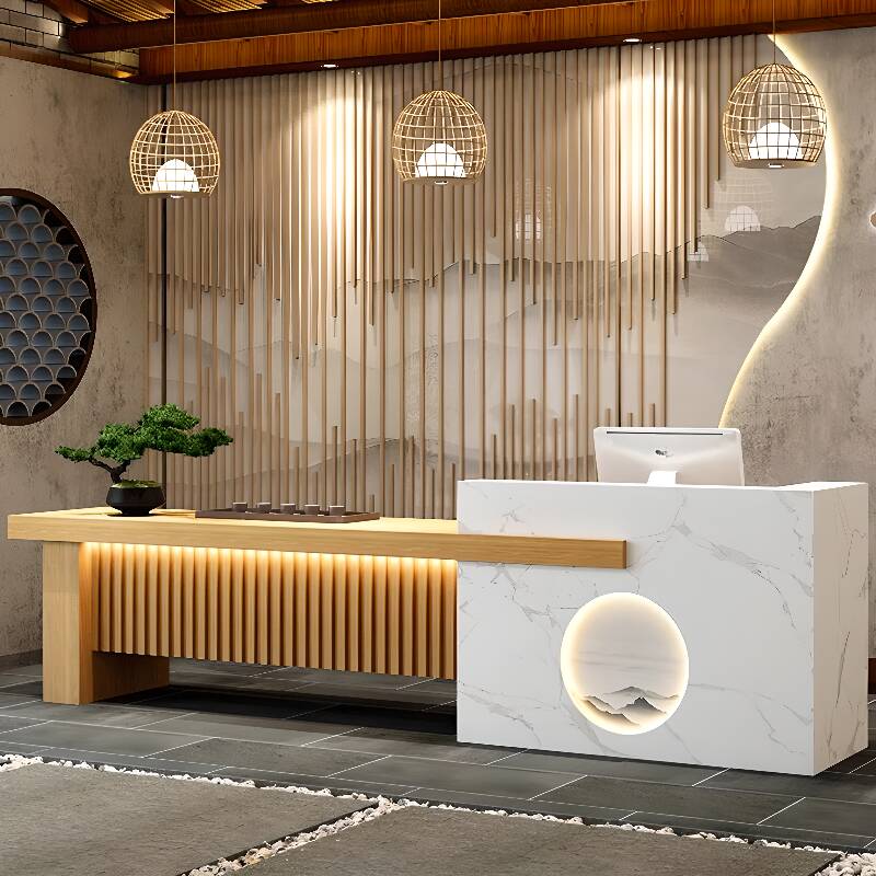 Rectangle Reception Desk with Locker, Hutch, Keyboard Tray, Tan/Natural Colour Top, Filing Cabinet, and Manufactured Wood Top