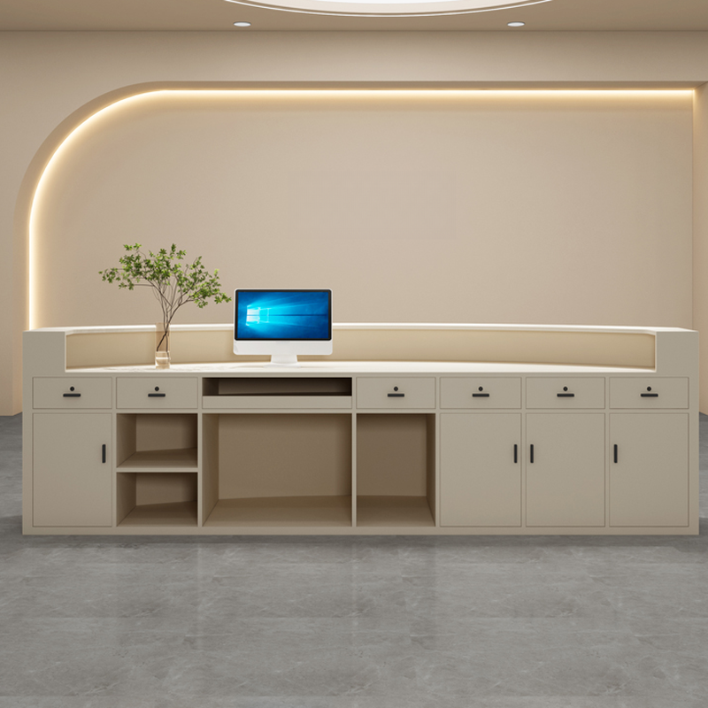 Reception Desk with Cabinet, Hutch, Keyboard Tray, Manufactured Wood Top, and Drawer Pedestal