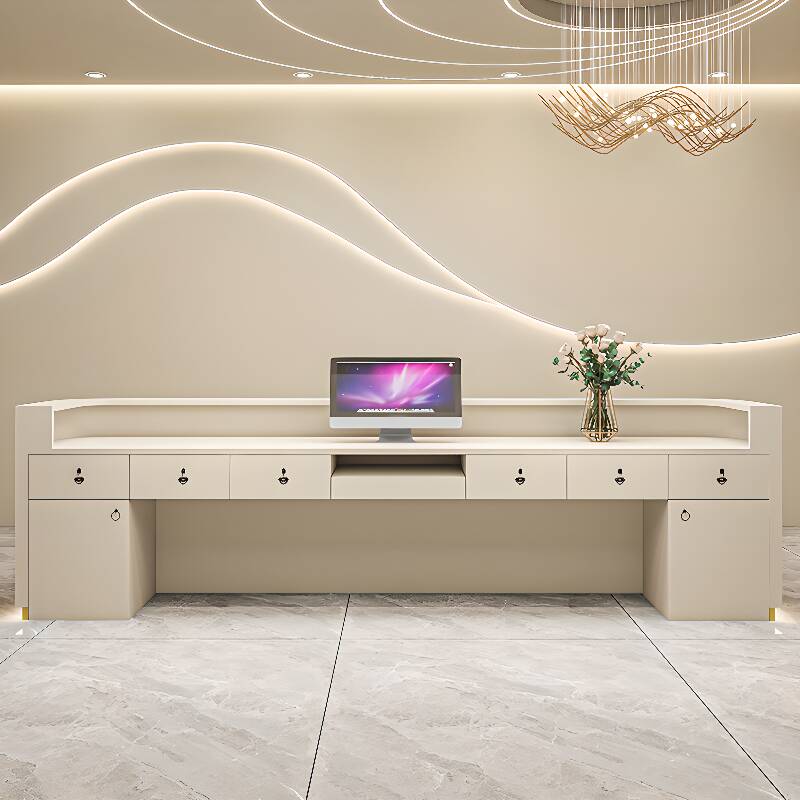 Rectangular Manufactured Wood Top Reception Desk with Hutch, Keyboard Tray and Filing Cabinet, Hutch Included