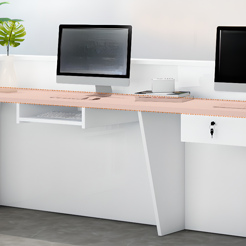 L-Shape Desk with Closet, Hutch, Keyboard Tray, Desk Return, Rose/Yellow/Magenta Top, Filing Cabinet, and 2 Drawer Pedestals