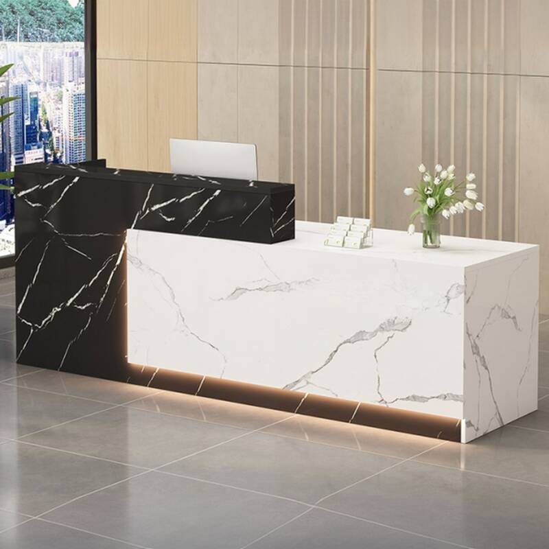 Rectangular Reception Desk with Closet, Hutch, Keyboard Tray, Cable Management, and Filing Cabinet, Manufactured Wood Top