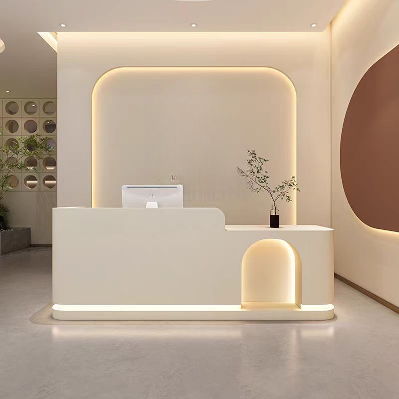 Rectangular Reception Desk with Cupboard, Hutch, Keyboard Tray, Cable Management, Filing Cabinet, and Manufactured Wood Top