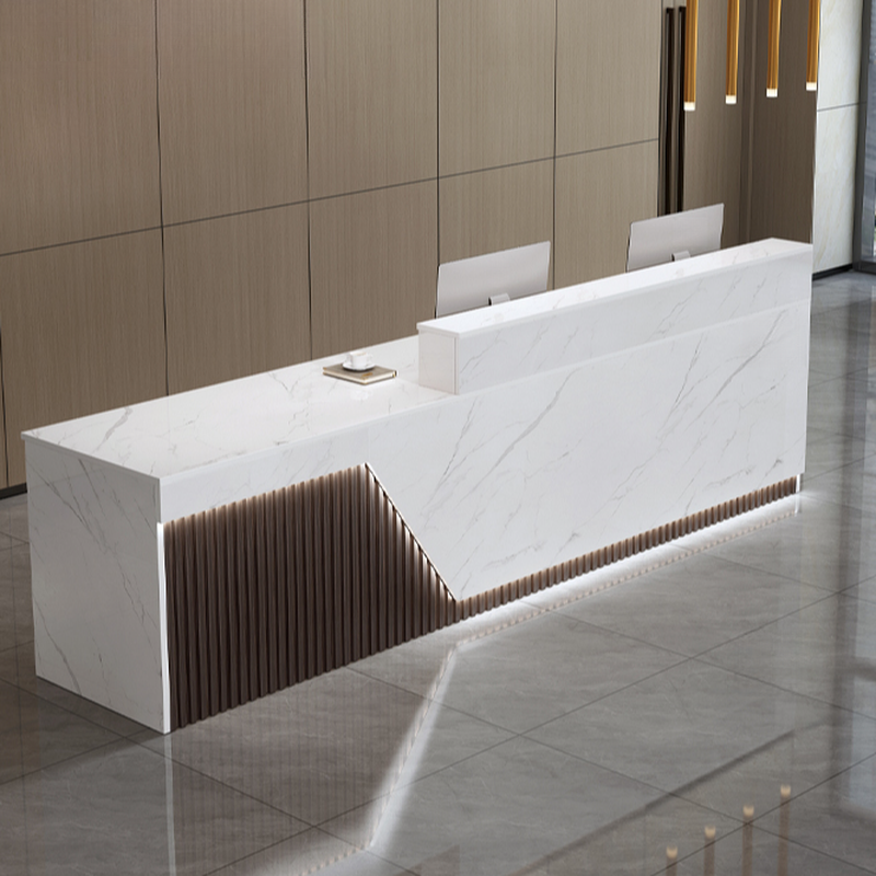 Rectangle Manufactured Wood Top Reception Desk with Filing Cabinet, Hutch, Keyboard Tray and Cable Management, Cupboard Included