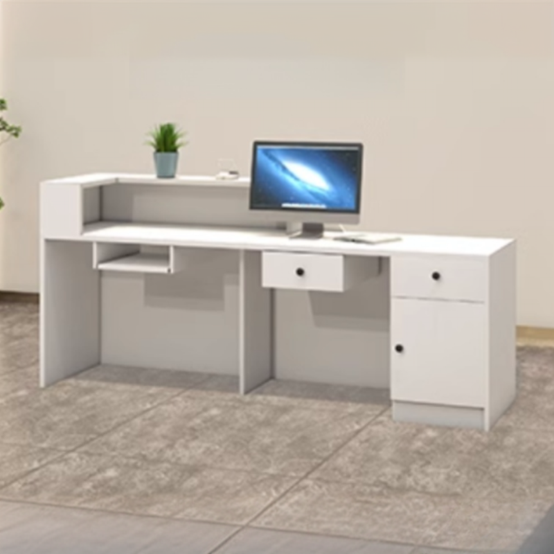 Rectangle Manufactured Wood Top Reception Desk with Cupboard, Hutch, Keyboard Tray, Cable Management and Filing Cabinet