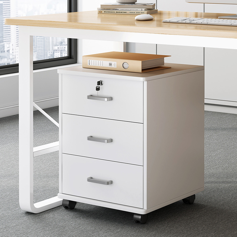 Casual Composite Wood Free Standing Vertical Filing Cabinet with Swivel Wheels and Key Lock