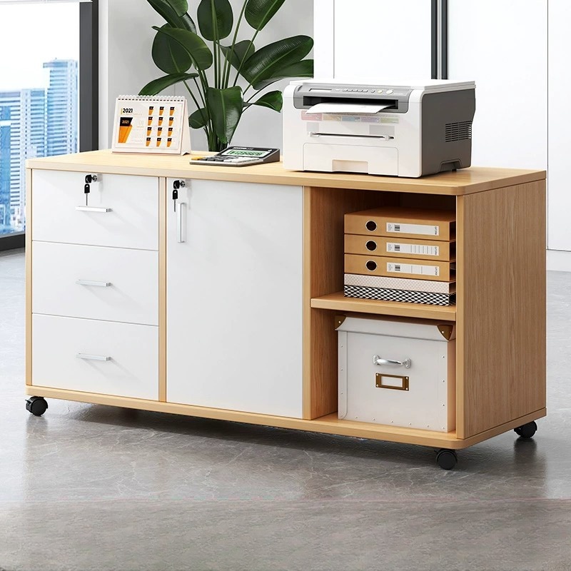 Casual Composite Wood Free Standing Vertical Filing Cabinet with Swivel Wheels, 3 Drawers, and Key Lock