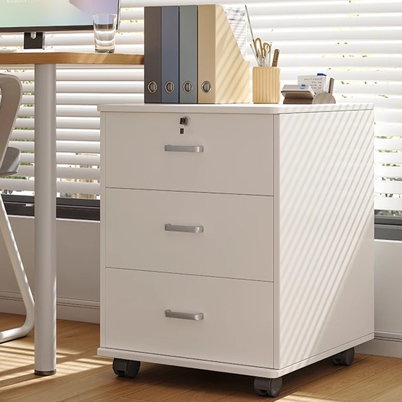 Casual Composite Wood Lateral Filing Cabinet with Swivel Wheels, 3 Drawers, 2 Shelves, and Key Lock