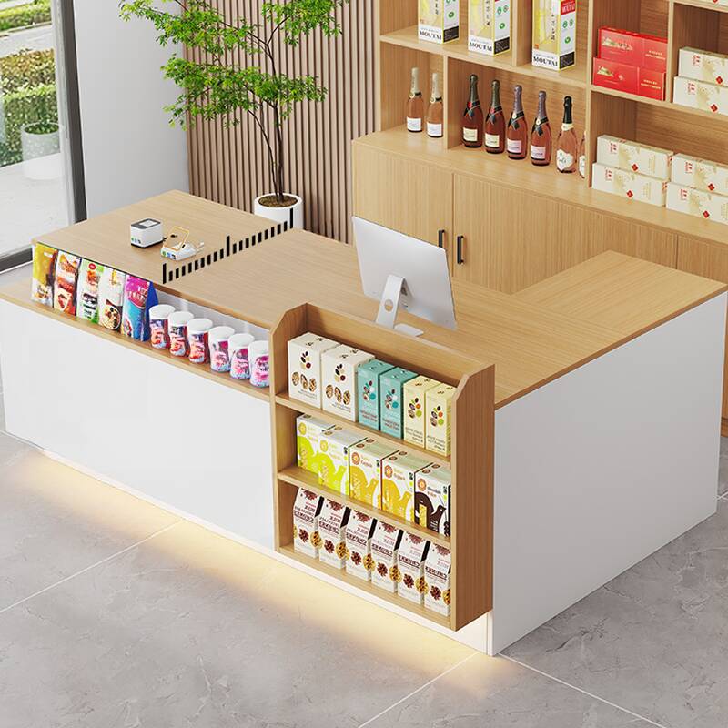 L-Shape Reception Desk with Cupboard, Keyboard Tray, Cable Management, Desk Return in Natural Finish Manufactured Wood Top