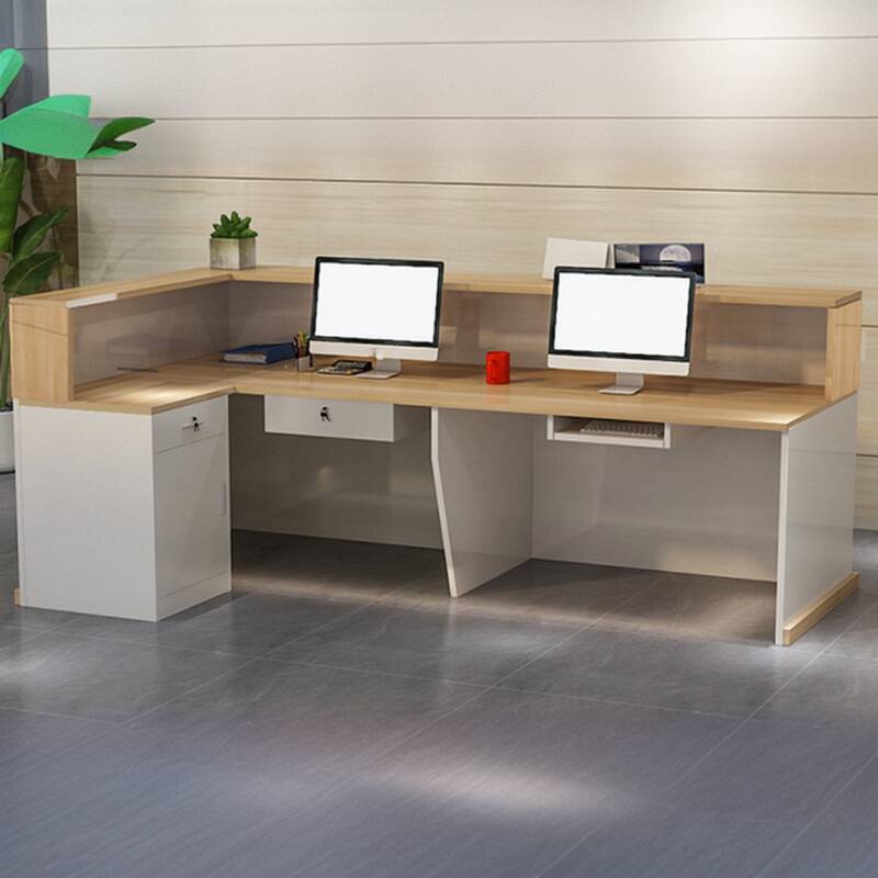 L-Shape Manufactured Wood Top Reception Desk with Desk Return, 1 Cabinet, 2 Drawers, Hutch and Keyboard Tray, Cabinet
