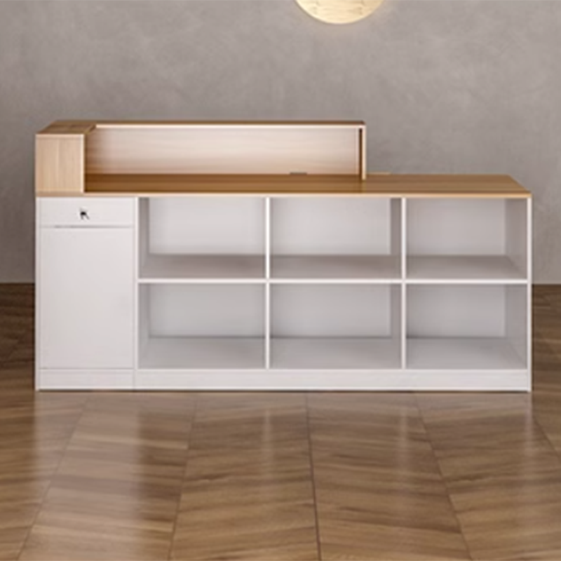 Rectangular Manufactured Wood Top Reception Desk with 1 Cabinet, Hutch and 1 Drawer Pedestal, Closet Included