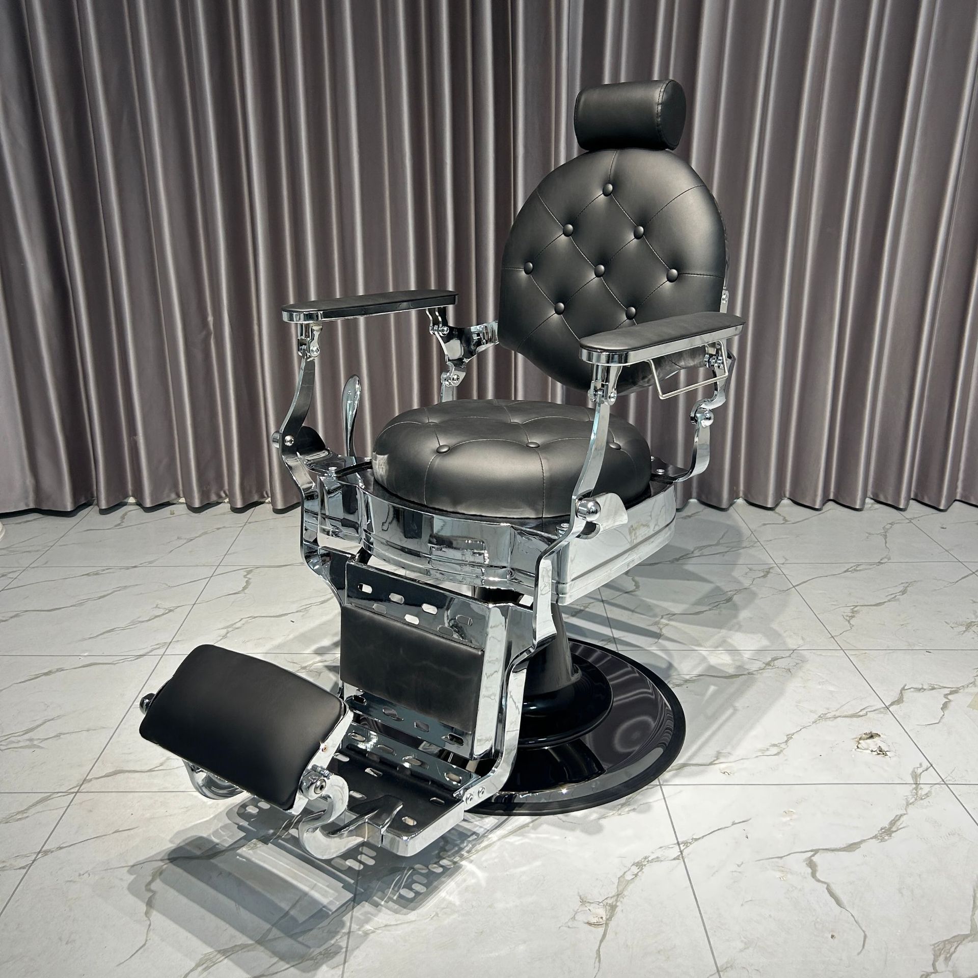 Alloy Frame Circular Solid Colour Reclining Barber Chair with Closed Back and Foot Rest, Manual Recline