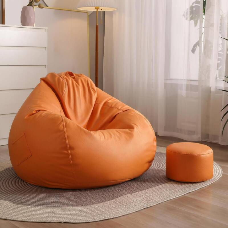 Solid Colour Synthetic Leather Bean Bag Set in Dark Gray/Dark Blue/Tangerine, Ottoman, Pre-Filled with Removable Cover
