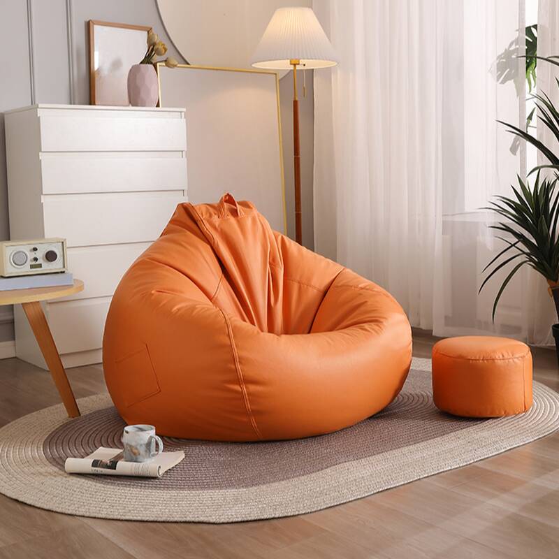 Solid Colour Synthetic Leather Sack Chair in Dark Gray/Dark Blue/Tan, Seats 1, Pre-Filled Bean Bag with Expanded Polystyrene Beans