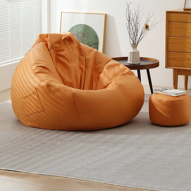 Solid Colour Bean Bag Set with Synthetic Leather Upholstery in Dark Gray/Butter/Tan, Includes Ottoman, Pre-Filled with Fill Included, and Removable Cover