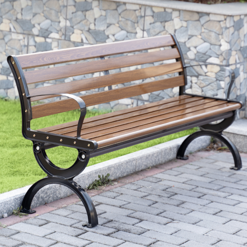 Modern Outdoor Bench with Alloy Frame, Brown Seating, Back Support, and Curved Arm