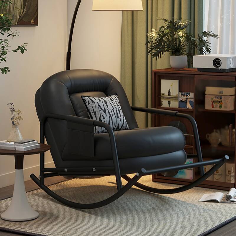 Modish Upholstered Rocking Chair with Track Arm