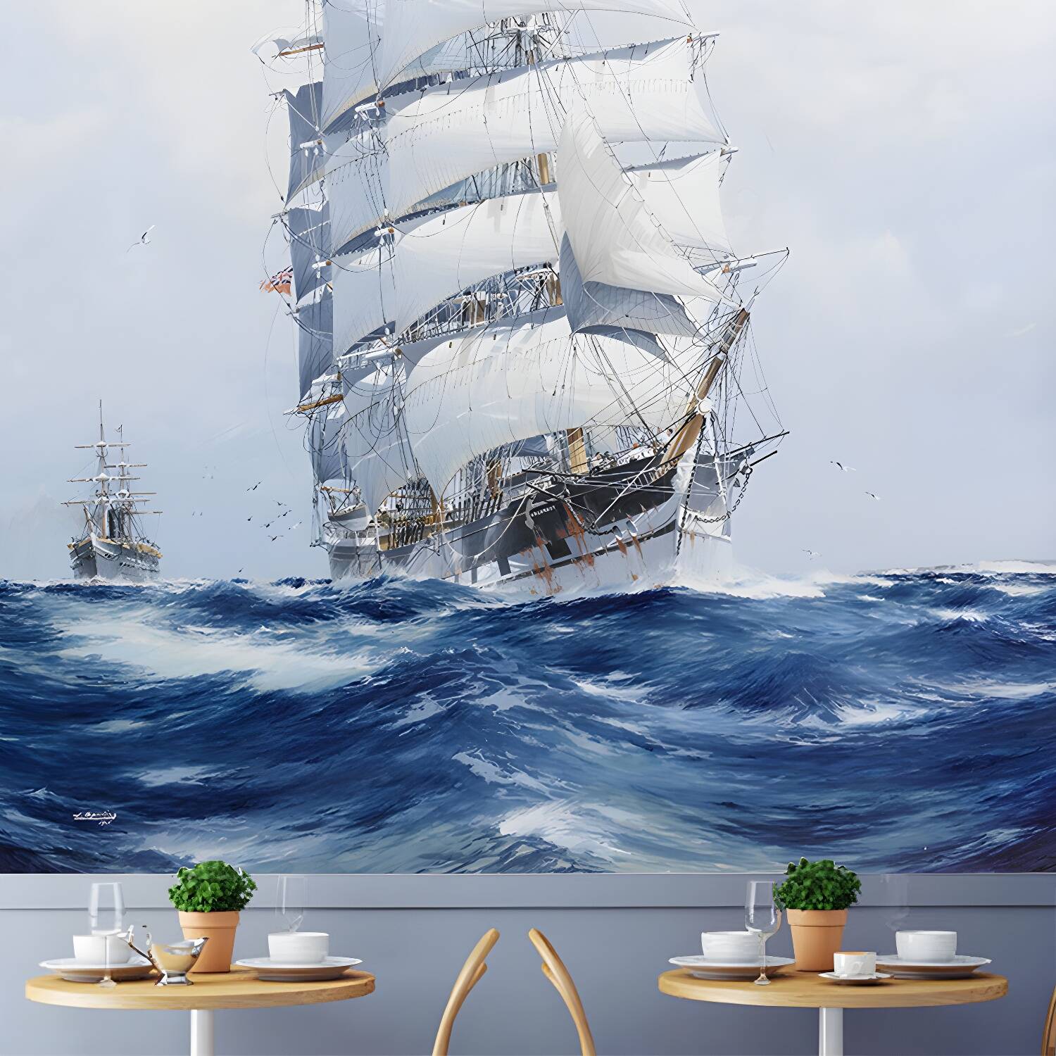 Blue and White Boat Mural Wallpaper Moisture-Resistant Wall Covering for Dining Room